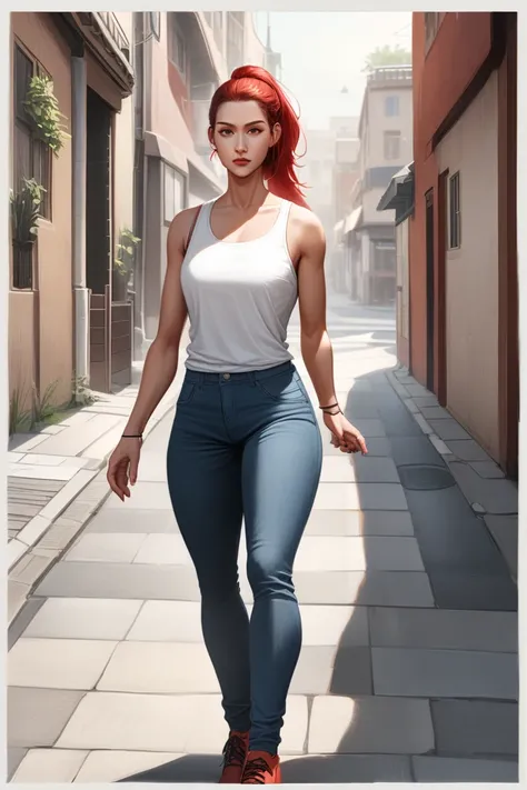 In a semi-realistic anime art style, a Caucasian woman with straight bright red hair tied back in a ponytail is standing on a daytime street wearing tight jeans and a white tank top.