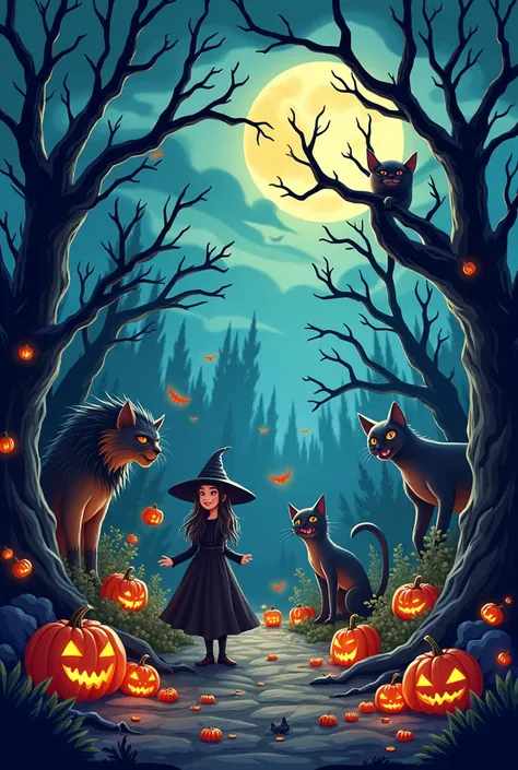 Dark wood, cartoon art, Halloween
