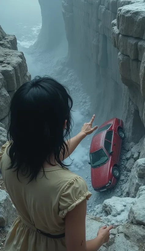 "First-person perspective (POV) of a driver, standing at the edge of a steep, rocky cliff. To the right of the driver, a 35-year-old woman with black, slightly wavy hair falling just below her shoulders. She wears a beige dress, dirty with soot and stained...