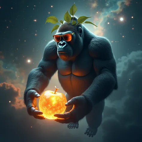 The gorilla floats in space, its apple hat acting as a glowing helmet with green leaves fluttering like antennas. The gorilla’s massive arms hold a glowing planet shaped like a golden apple. Its sunglasses reflect distant galaxies, and the background is fi...