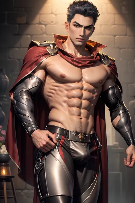 Eddie Peng，Complex，masterpiece， the best quality， ultra HD resolution， octagonal lens，Center the character，Tensions，Wearing a cape，Topless，Show your thighs and arms，Place your hands on your thighs， is open to the audience，Oval face，Short, Spiky Hair，Young ...