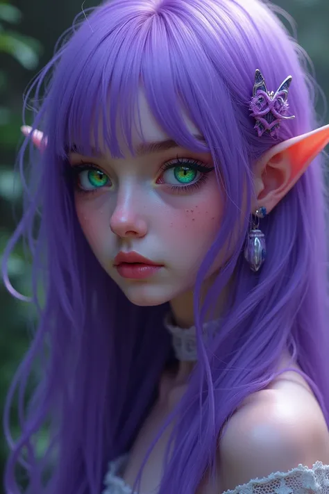 girl, purple hair, purple skin,  green eyes 