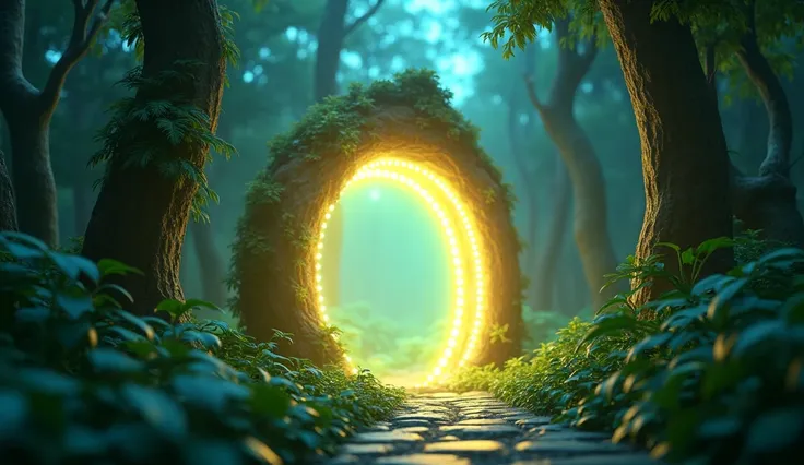 In 3D animation style:"A glowing portal in the middle of the jungle, leading the princes into a mysterious dimension."