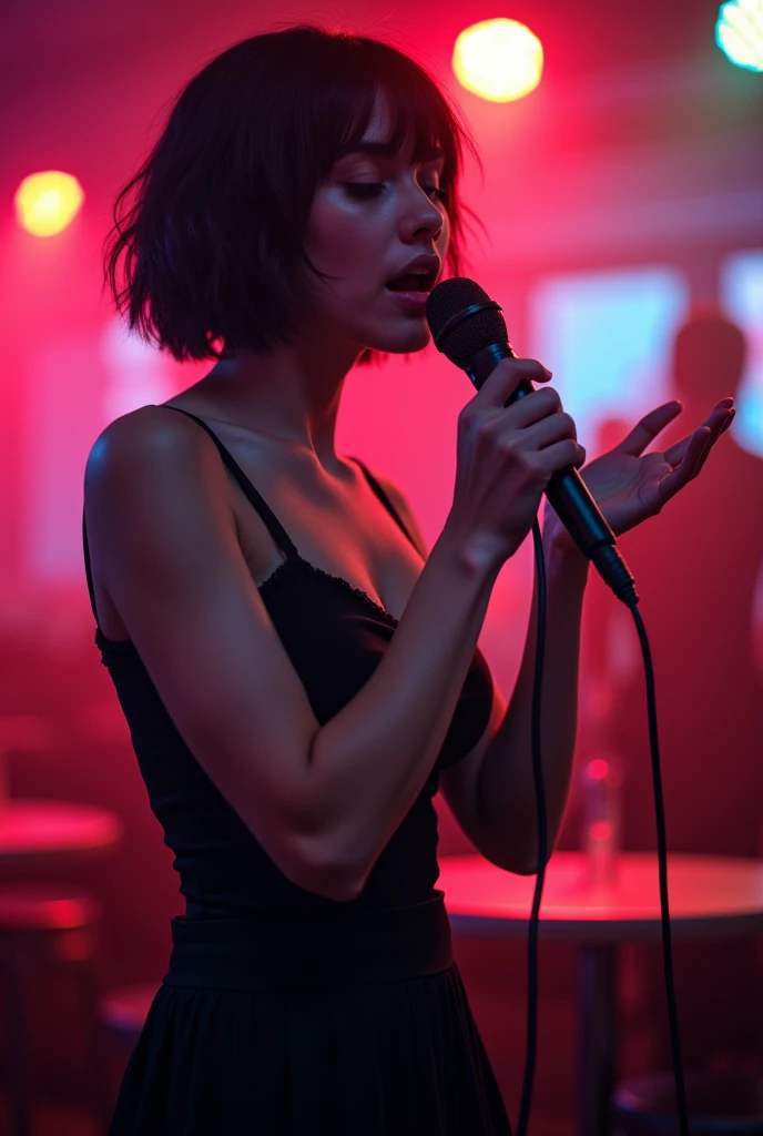 A short haired girl singing at a 5-star karaoke bar