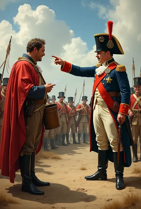 A humorous depiction of Napoleon Bonaparte standing in a battlefield, pointing dramatically towards a priest performing a curse ritual. Soldiers in the background are laughing, and one soldier is holding a bucket of water. The scene is lively and exaggerat...