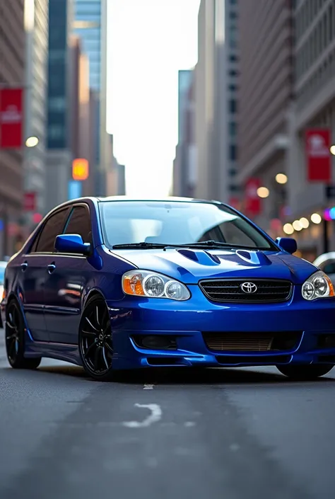 A 2003 Toyota Corolla in blue with black rims and red calipers