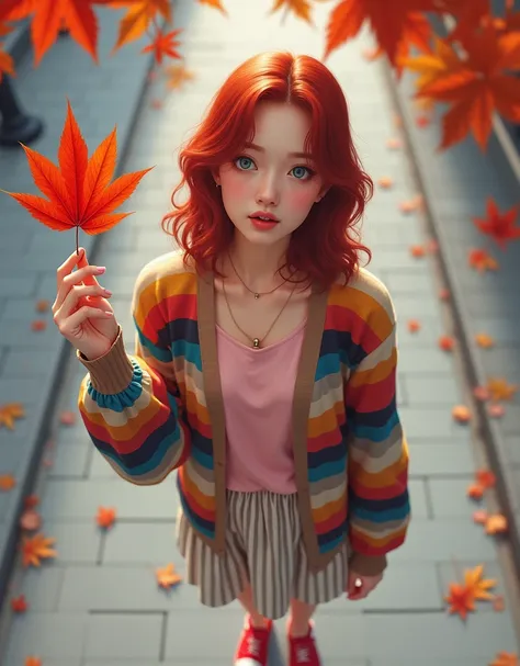 realistic, A 24-year-old russian-Japanese woman with fair skin and shoulder-length wavy reddish-red hair stands on the sidewalk on the side of the road. blue eye, medium breasts,  She wears a colorful striped cardigan over a light pink shirt, a striped ski...