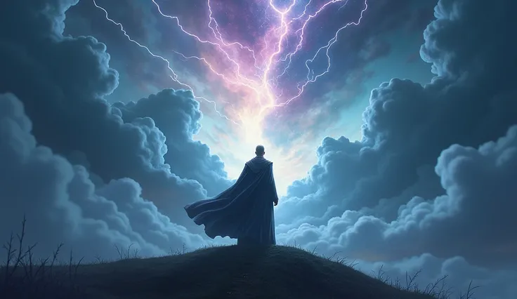 In 3D animation style:A magical storm brewing in the sky, as the final confrontation with the wizard approaches."