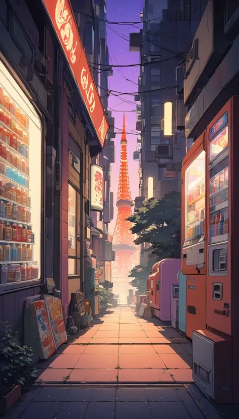 A stylized 1980s-1990s anime-inspired evening cityscape featuring a brightly lit red vending machine in the foreground. Behind it, a clear view of a glowing Tokyo Tower rises into a twilight sky, surrounded by soft purple and orange hues blending into the ...