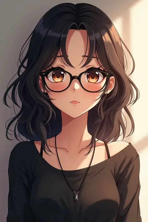  Anime girl light brown skin , Wavy black haired ,  loose black long sleeve shirt,  black necklace without details , small tits, brown eyes,  lips not so big but yes , black glasses