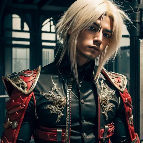 1 man, Japanese man, 30 years old, hairstyle Visual Kei, hair color blonde, muscular, broad shoulders, ultra detailed face and eyes, Asian eyes, pretty face, realistic representation, outfit gothic-cyberpunk, black mens shirt and black pants, long hair, ha...