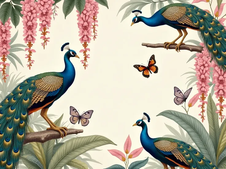 Ultra-detailed chinoiserie-style wallpaper art depicting exotic garden scenes with vibrant peacocks, iridescent butterflies, and cascading wisteria. Soft off-white backdrop with subtle gold embossing on the feathers and floral elements, delivering a timele...