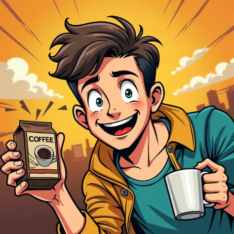 A young man taking a pack of coffee, comic style 