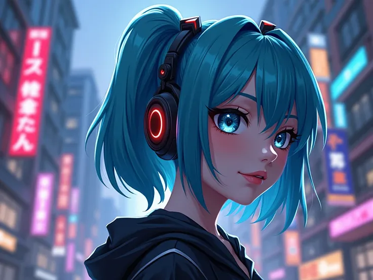  anime girl with headphones and blue hair in a city, Cyberpunk art by Artgerm ,  winner of the pixiv contest , neoism,  hatsune miku, nightcore,  seductive anime, 4k anime style, miku, oppai cyberpunk,  hatsune miku short hair,  extremely detailed art artg...