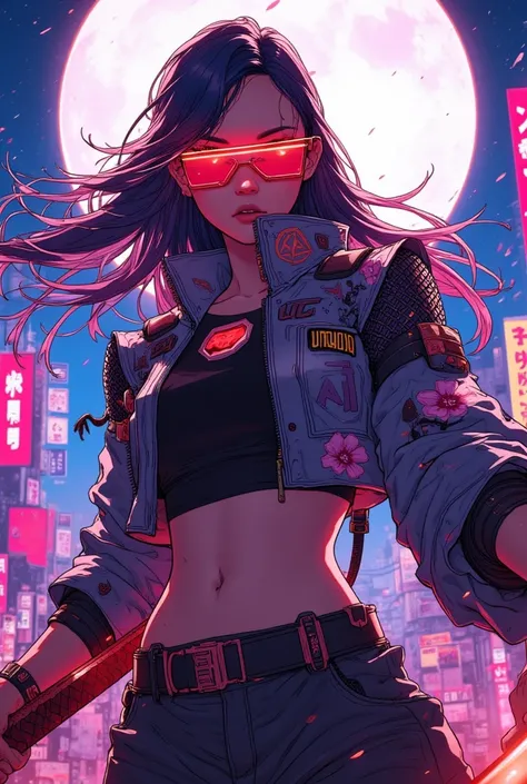 a woman with long hair and wearing digital red glasses and black croped top kimono with sakura patern and some of cyberwere and armor, she is in fight motion action pose, in front of a neon city background with full moon, She is holding a red cyber katana ...