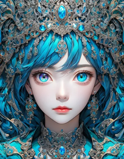 Please make your hair blue，(((absurdres,  highres icon, ultra detailed, HDR, master piece, best quality, extremely detailed, delicated features, noise removal))), 1 woman, Age 22 years, long hair, Beautifully drawn eyelashes Long, narrow eyes, perfect eyes...