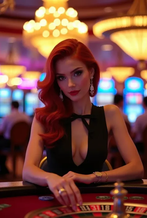 A stunning reddish woman,half updo,  in a black vest with tie, earrings ,is seated at a roulette table in a vibrant Las Vegas casino. She is actively engaged in the game, with one hand placing chips on the table while maintaining a poised and elegant demea...