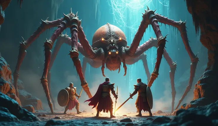 In 3D animation style:"The three princes battling against a massive enchanted spider in a dark cave, surrounded by glowing webs."