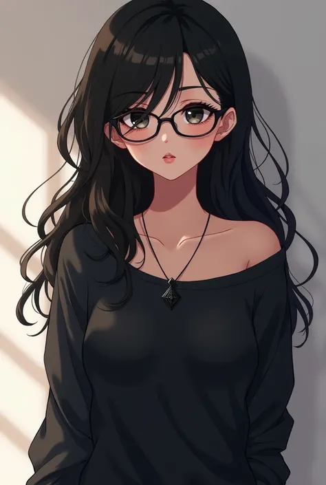  Anime girl light brown skin , Blackhaired wavy long ,  loose black long sleeve shirt,  black necklace stuck without details, chichis chicas,  black eyes,  big lips , black glasses