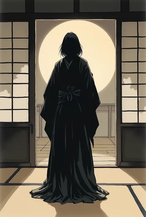 {Ink Painting},　{{Kuroko}},  Black Kimono,(Haori),　Japanese-style room,  super high definition , 8k, {JapanのKuroko衣装}, Japan,　JapanのKurokoがJapanの伝統的なKuroko服を着た黒いシルエット,　Japanese style, 