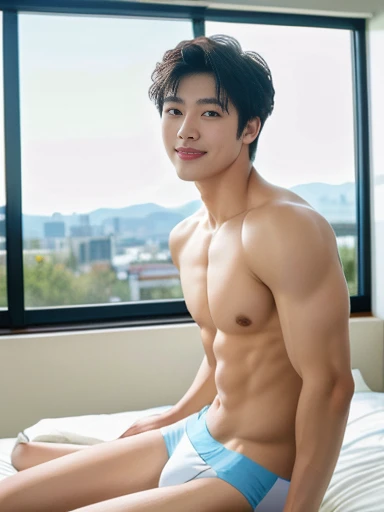 solo: 1.5, (ในความเป็นTRUE,  masterpieces , 8k HD,   good light quality , Sportswear,  fit the face ,  Intricate details),  handsome young korean man with muscular arms. , 20 years old,  happy , Smile brightly,  fine face , Gentle eyes, Look at the sky, We...