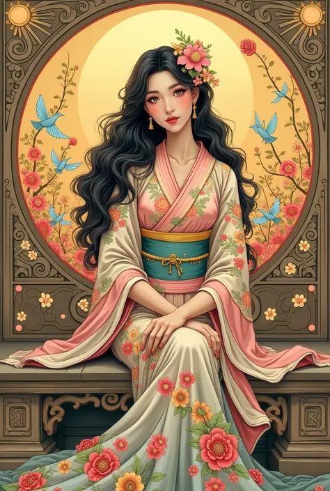 A beautifully intricate Art Nouveau-inspired illustration featuring a serene young woman seated on an ornate wooden bench adorned with delicate carvings. She wears an elaborate, flowing kimono with vibrant, multi-colored floral patterns in shades of pink, ...