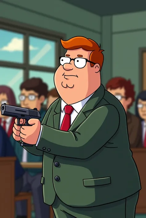 Peter griffin with a gun doing a school shooting
