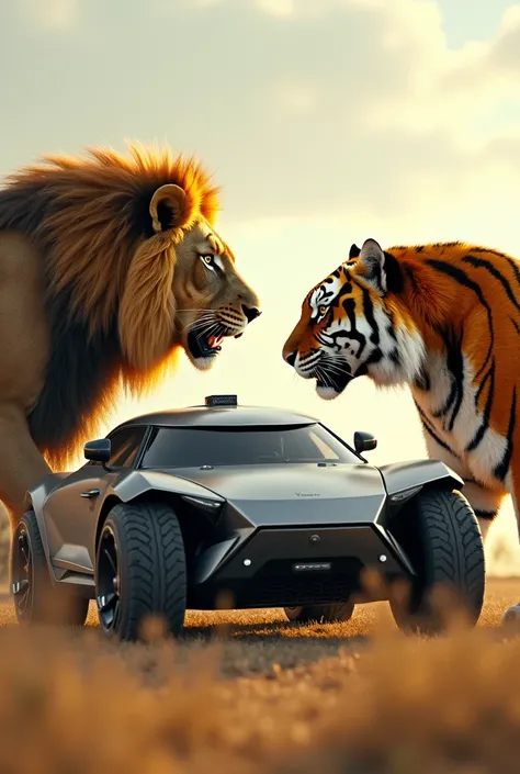  Here is a detailed prompt for creating an image :

" Imagine two animals , A lion and a tiger,  facing forward in a landscape Open and wild. Among them,  there is a futuristic and imposing vehicle ,  possibly an armored car of modern design , parked in th...