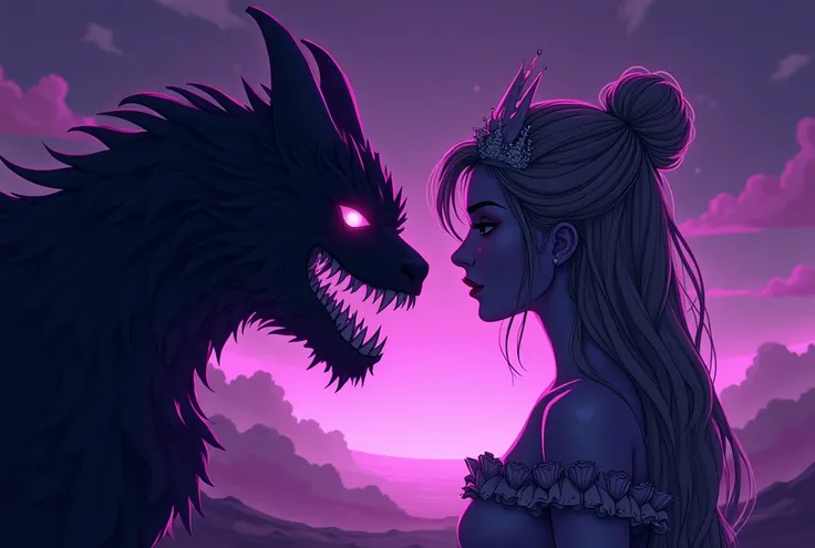 CREATE ME AN IMAGE OF A PRINCESS AGAINST A NIGHTMARE MONSTER FACE TO FACE IN PROFILE AS IF ONE AND THE OTHER COMING TO FACE EACH OTHER IN SHADES OF PURPLE,  WITH A DARK SKY BACKGROUND AND A QUICKSAND FLOOR , I WANT LINEAR ILLUSTRATION 