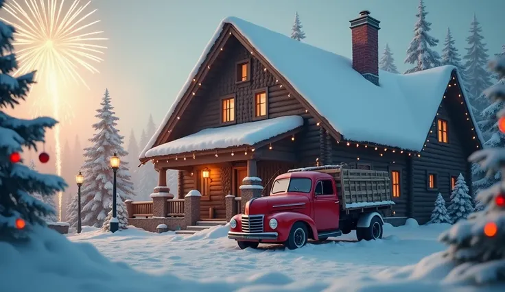 And Christmas Eve ,  an aerial view shows Santa Clauss house and the outskirts of the city ,  many fireworks celebrate this beautiful Christmas ,  the colorful lamps are on and tranquility takes hold of the village,  the old red truck is in the image .