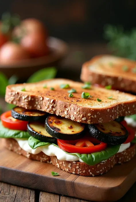  sandwich toasted on multigrain bread with ricotta cheese, grilled eggplant ,  grilled mushrooms ,  grilled zucchini and morron pepper 