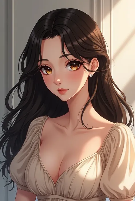 Anime woman. She is pretty and have siren-shaped black eyes. Shes matured looking Her hair is dark brown and long and shes wearing a puff sleeve dress