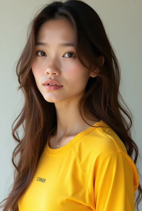 This person is a woman 。 has long brown hair 。 wears yellow sportswear from a Thai student。 and my eyes arent very strong。My face is long but 、Its beautiful 。 has small eyes and mouth 。