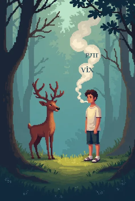 Create a Pixart image where there is a deer and a young man in a large t-shirt smoking and in the smoke appears the name "vitrix"