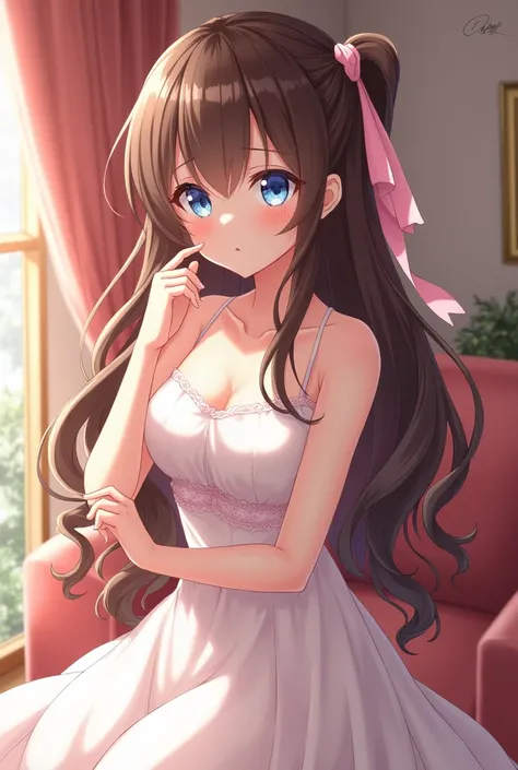 Hermosa  anime girl image joven adulta de 17 años, soft brown hair color ,  long wavy hair,  breast cup white dress and a pink ribbon in her hair,  blue eyes, slim, curvilinear, sophisticated, happy,  anime girl image,  anime girl image realista,  in the b...