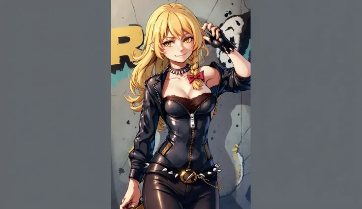 leather jacket, leather pants, strapless bra, black jacket, tight pants, black choker, zipper, fingerless gloves, biker clothes, spikes, unzipped, multiple belts, shiny clothes, high collar, CONCEPT_graffiti_wall_ownwaifu, (graffiti:1.2), brick wall,((mast...