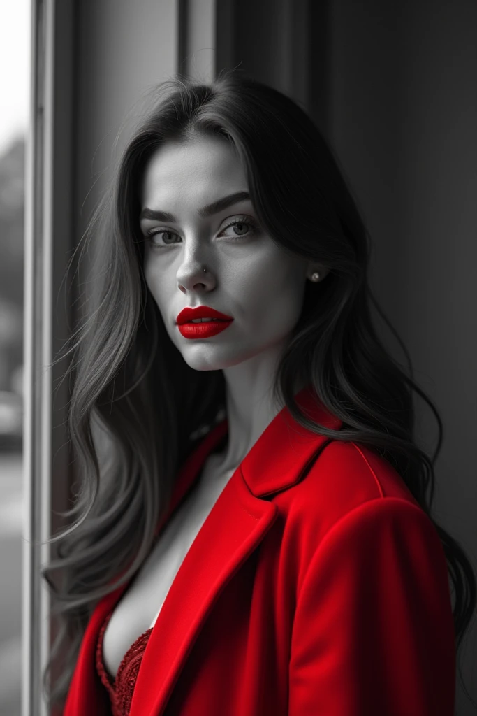 " A sublime Swedish woman with a unicorn resemblance ,  detailed lips,  detailed eyes, detailed eyelashes, detailed face, sublime and detailed full body , long hair, seductive face.  She is wearing bright red lipstick ,  red coat and red stiletto heels . T...