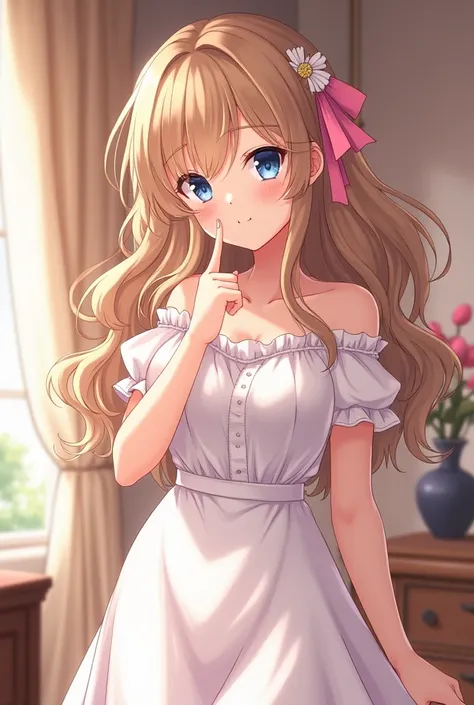 Hermosa  anime girl image joven adulta de 17 años,  light brown hair color , almost blond,  long wavy hair,  breast cup white dress and a pink ribbon in her hair,  blue eyes, slim, curvilinear, sophisticated, happy,  anime girl image,  anime girl image rea...