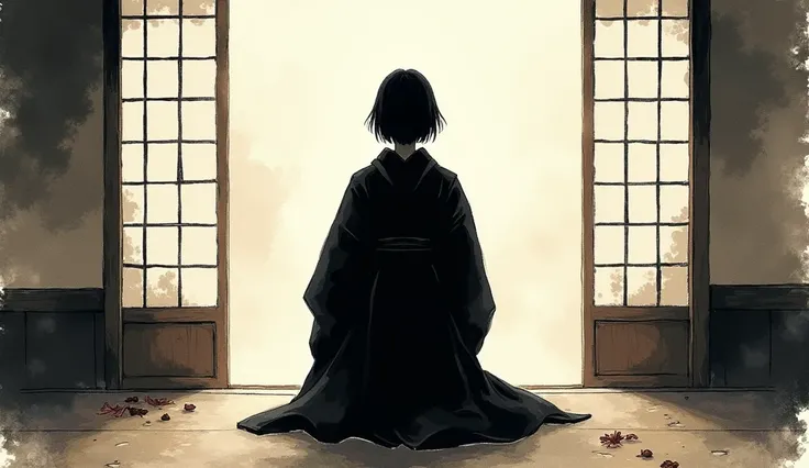 {Ink Painting},　{{Kuroko}},  Black Kimono,(Haori),　Japanese-style room,  super high definition , 8k, {Japanの黒子衣装}, Japan,　Japanの黒子がJapanの伝統的な黒子服を着た黒いシルエット,　Japanese style, 