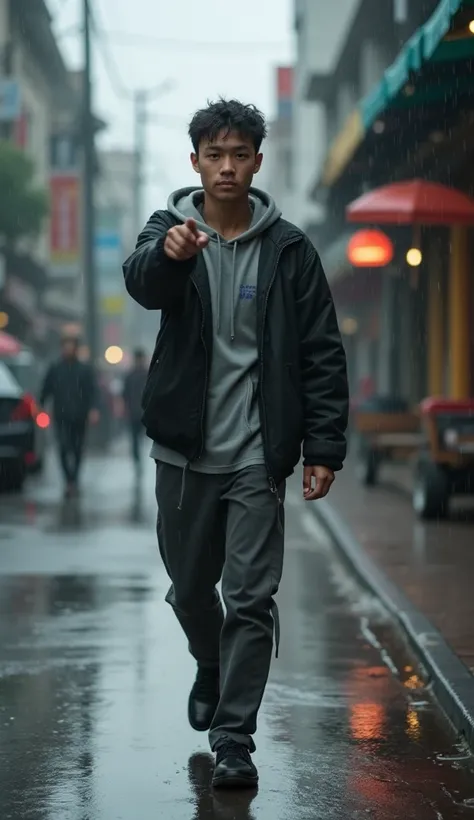  A young man walking in the streets of Bandung city in Indonesia, when it rains he points towards the camera , fullbody, Alone, high resolution, high resolution,  masterpiece , anatomically correct, high details, sad face, continuous image 