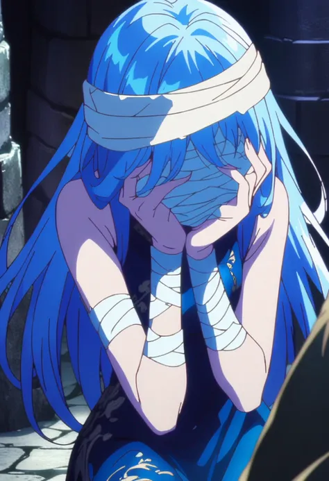 Anime Woman, slim,long hair, lying on ground,(sleeveless blue chinese dress dress),croptop, elegant,arms on head, scratching the face, struggling,dungeon background,(((bandge wrapped over entire head and face tightly))),(((hidden face))), anime screencap,