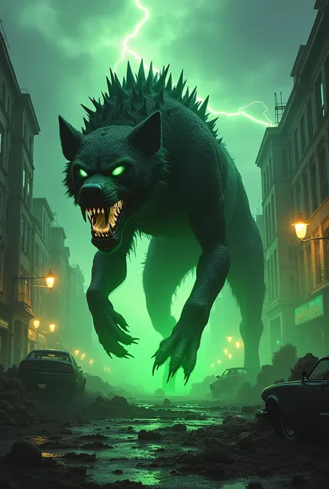 Generate a hyper-realistic and terrifying image of a monstrous hybrid creature: a giant black demon hyena mutated by green toxic nuclear chemicals, rampaging through an old, crumbling city. The creature has a massive, muscular body covered in cracked, char...