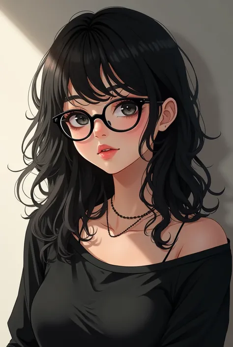  Anime girl light brown skin , Blackhaired wavy long ,  loose black long sleeve shirt, glued black necklace, girl,  black eyes,  big lips , black glasses, fea