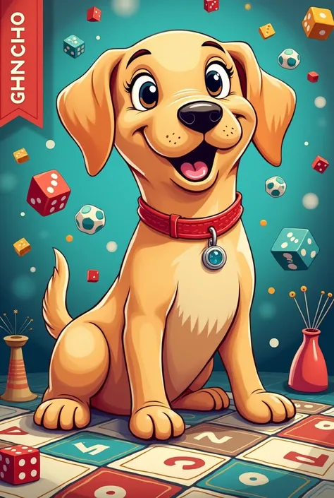 Create for me the image of a Labrador with a cartoon style and with a board game style and design 