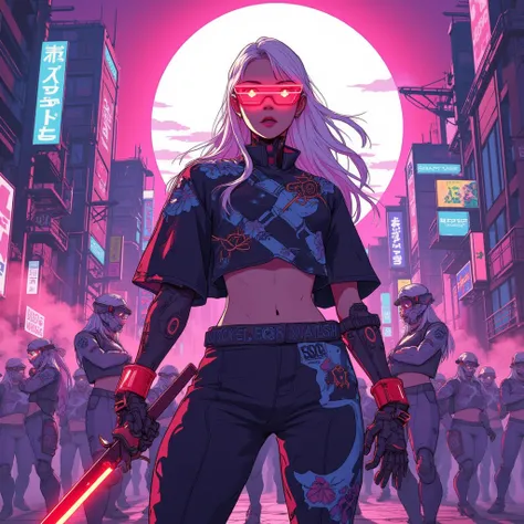 a woman with long hair and wearing digital red glasses and black croped top kimono with sakura patern and some of cyberwere and armor, she fights in 3D motion perspective view, she fights against several robots and shouts in front of a neon city background...