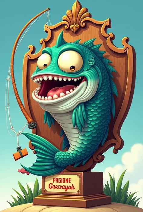  Image of Bennys fishing trophy, with the huge fish mounted on a plaque. To generate cartoon image 