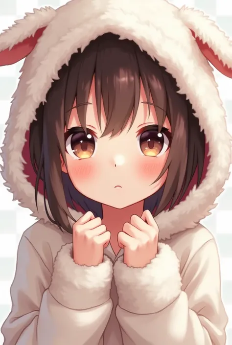 A brunette anime girl with a puffy white hoodie