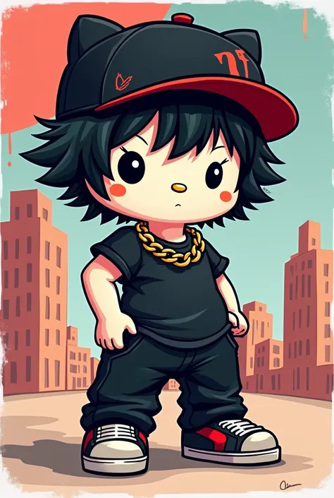 Design me a Hello Kitty, man, with short black hair, a black cap, a black shirt, black pants and a gold chain around the collar 
That its not realistic 
