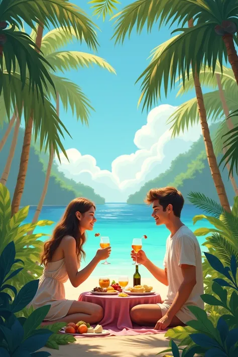 Create two minutes video of male and female in paradise eating