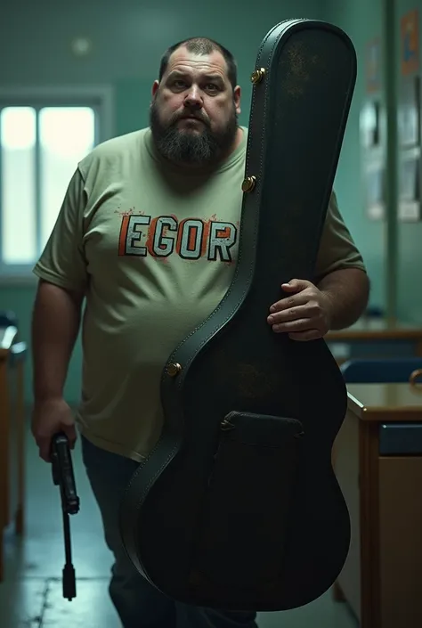 A fat  with a big guitar briefcase with the name egor on his shirt with a gun doing a school shooting
